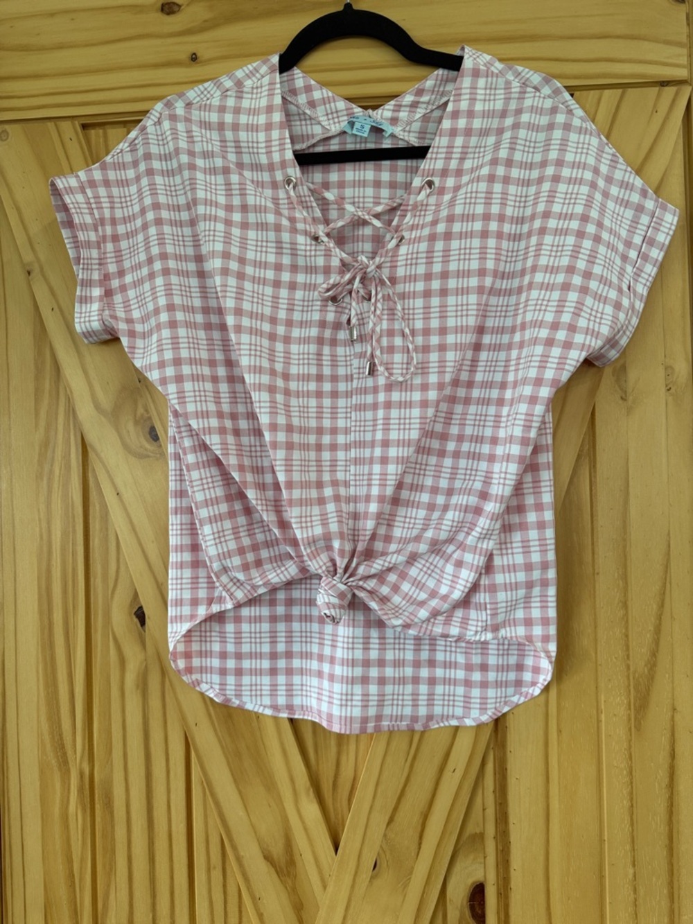 She + Sky Pink Plaid Lace-Up Knot Front Blouse